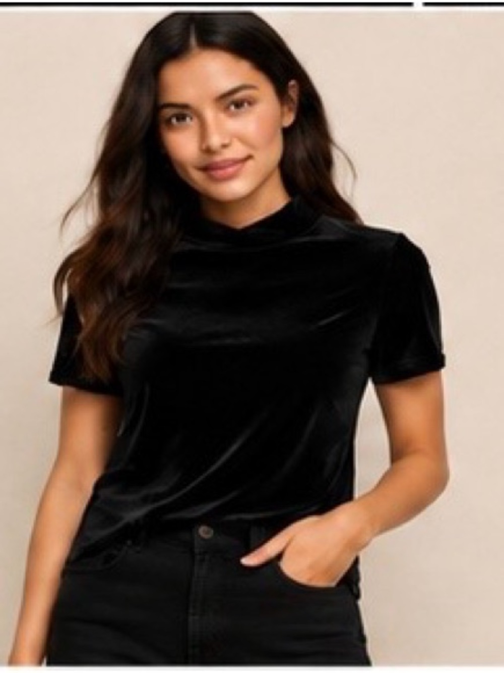 Madewell Velvet Mockneck Tee – True Black – Size Small